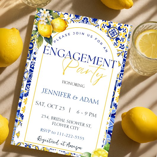 Invitation Citron Méditerranée Carreaux bleus