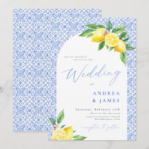 Invitation Citron Positano Italien Carrelage bleu Mariage