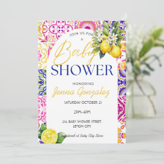 Invitation Citron rose méditerranéen Baby shower de carreaux