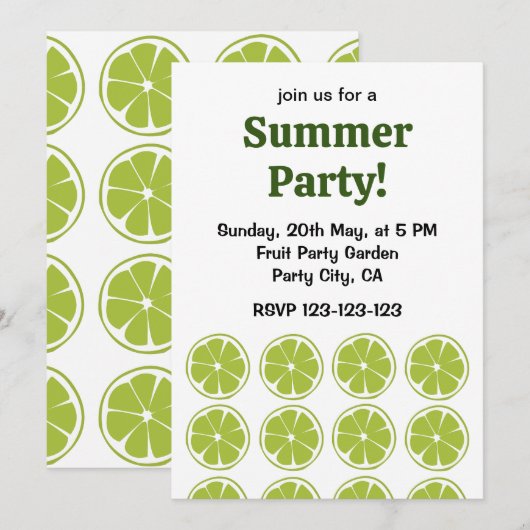 Invitation Citron Vert Fruit Lime Party d'Été (Devant / Derrière)