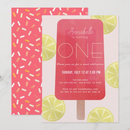 Invitation Citronade rose Popsicle Girl 1er anniversaire (Devant / Derrière)