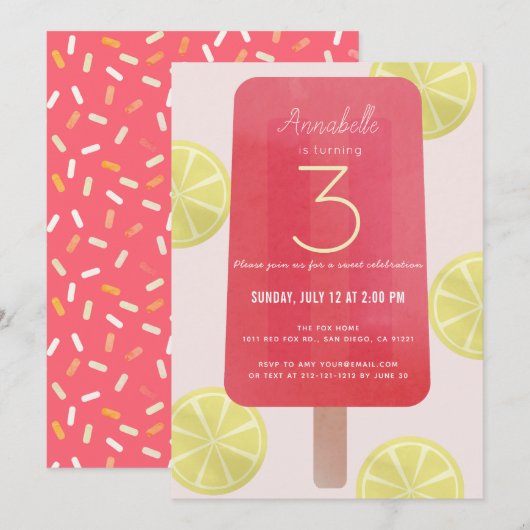 Invitation Citronade rose Popsicle Girl Anniversaire (Devant / Derrière)
