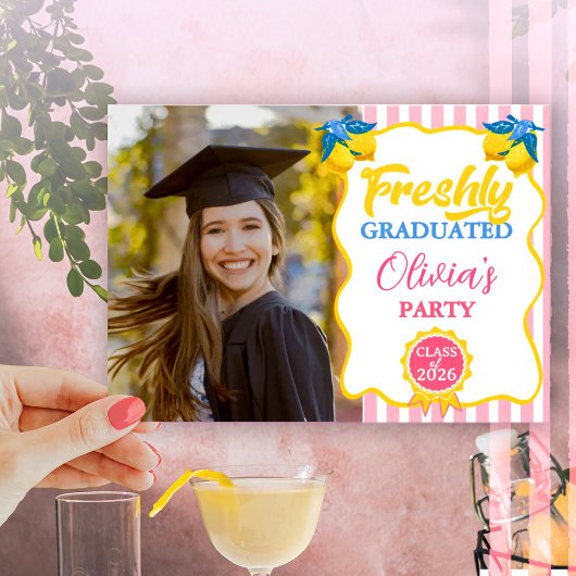 Invitation Citronnade Rose Photo & Code QR de Diplômé Récent