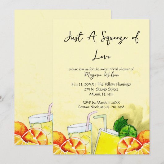 Invitation Citronnade Squeeze of Love Citron Thème de Mariage (Devant / Derrière)