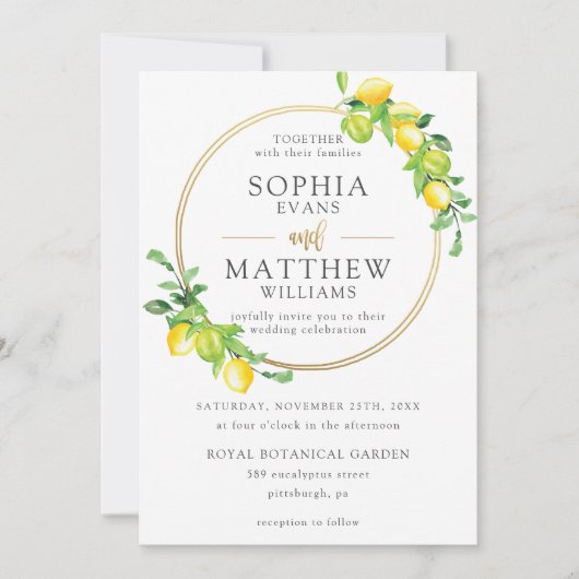 Invitation Citrons Azure Summer Greenery Gold Frame Mariage (Devant)
