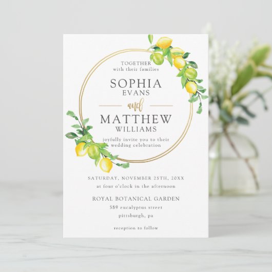 Invitation Citrons Azure Summer Greenery Gold Frame Mariage (Debout devant)