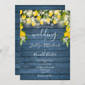 Invitation Citrons Bleu Rustique Bois Chaîne Lumières Mariage (Devant / Derrière)