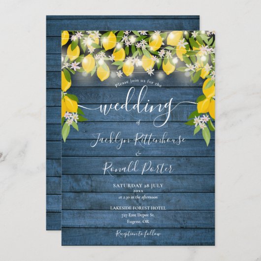 Invitation Citrons Bleu Rustique Bois Chaîne Lumières Mariage (Devant / Derrière)
