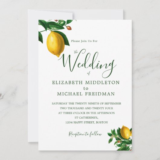 Invitation Citrons botaniques simples Monogramme vert Élégant (Devant)