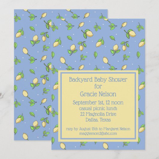 Invitation Citrons de Baby shower de pique-nique bleu (Devant / Derrière)