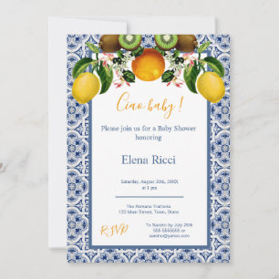 Invitation Citrons d'Italie blanc et bleu Amalfi Baby shower