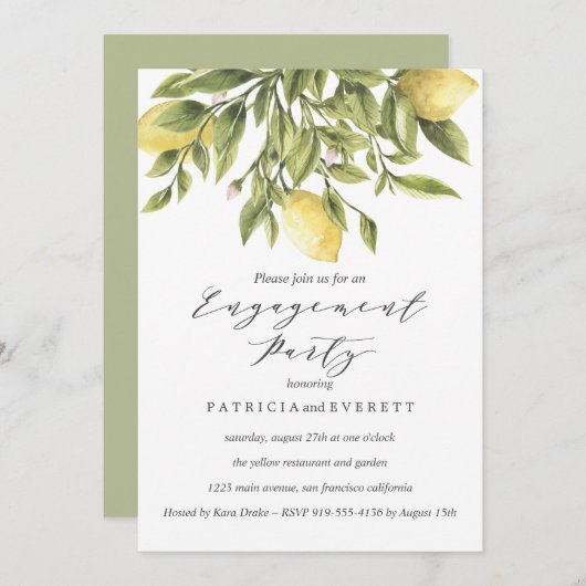 Invitation Citrons et feuillages Mariages de la partie d'enga (Devant / Derrière)
