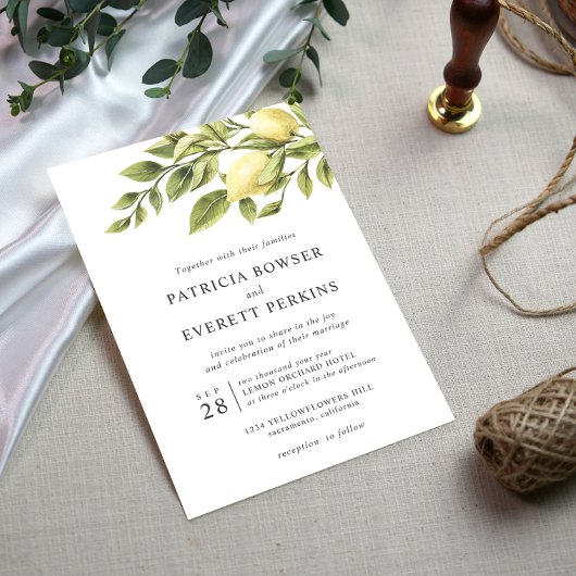 Invitation Citrons et feuille aquarelle chic mariage