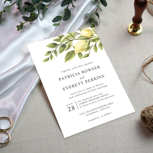 Invitation Citrons et feuille gris aquarelle chic mariage