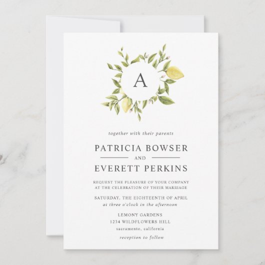 Invitation Citrons et feuilles | Mariage d'aquarelle Monogram (Devant)