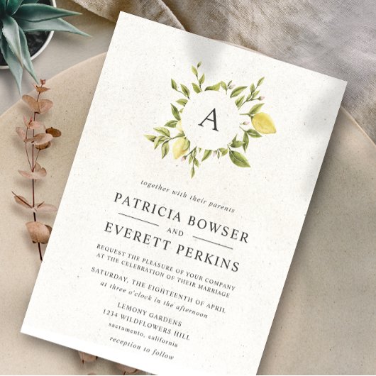 Invitation Citrons et feuilles | Mariage d'aquarelle Monogram