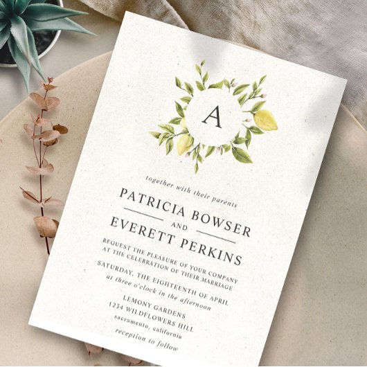 Invitation Citrons et feuilles | Mariage d'aquarelle Monogram