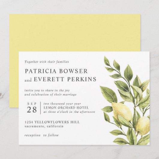 Invitation Citrons et mariage botanique feuille (Devant / Derrière)