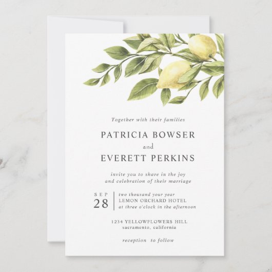 Invitation Citrons et mariage botanique feuille (Devant)
