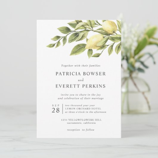 Invitation Citrons et mariage botanique feuille (Debout devant)