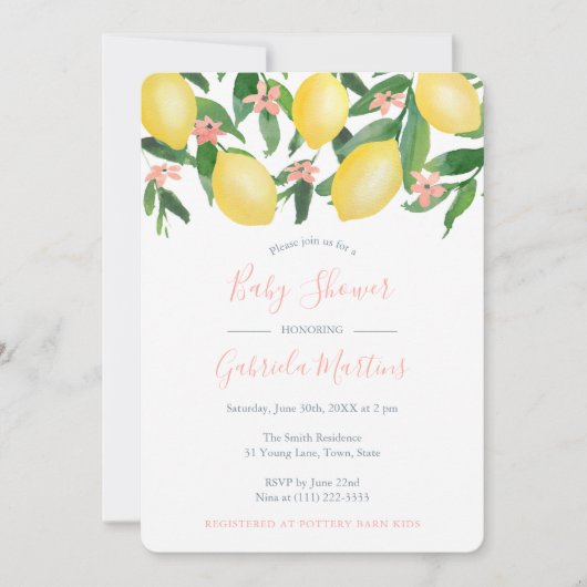 Invitation Citrons Fille Baby shower, Citrus Jaune Doux rose (Devant)