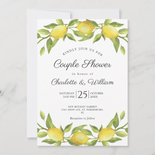 Invitation Citrons Fleurie Verdure Aquarelle Couple Douche (Devant)
