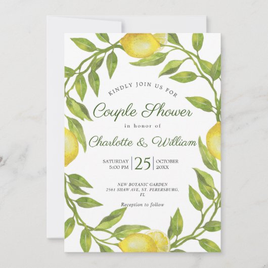 Invitation Citrons Fleurie Verdure Aquarelle Couple Douche (Devant)