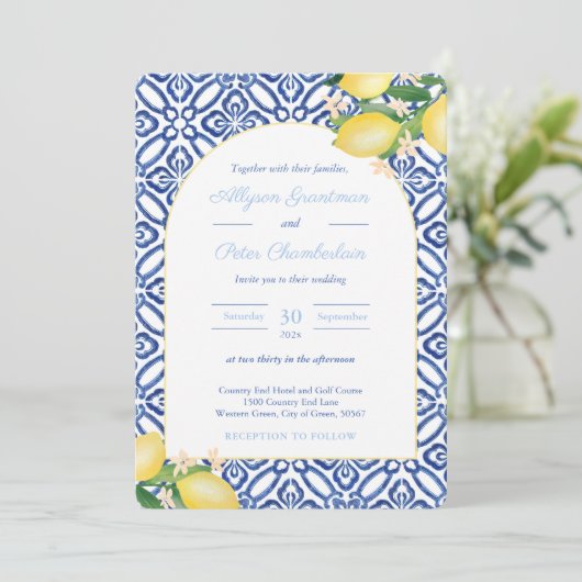 Invitation Citrons italiens Arch Forme Bleu Carreaux blancs M (Debout devant)