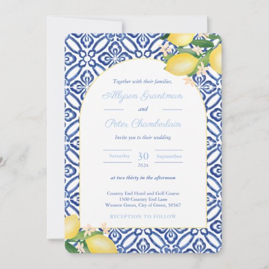 Invitation Citrons italiens Arch Forme Bleu Carreaux blancs M (Devant)