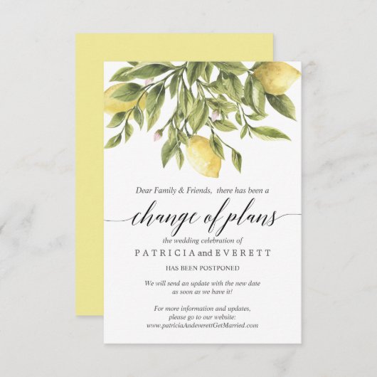 Invitation Citrons jaunes et feuillage pour un mariage Change (Devant / Derrière)
