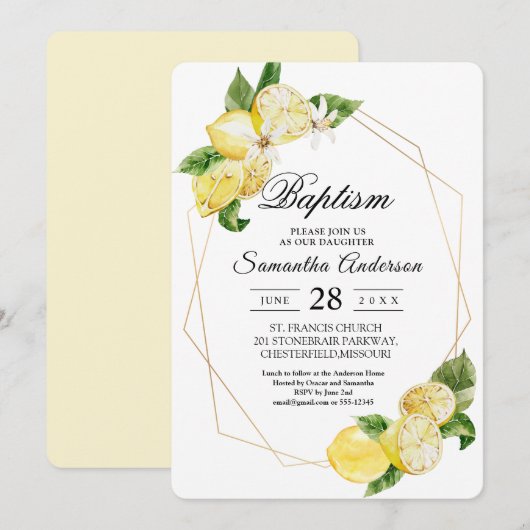 Invitation Citrons jaunes modernes et beauté des cadres d'or (Devant / Derrière)