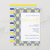 Invitation Citrons Majolica bleu, blanc, jaune Fête des marié (Devant / Derrière)