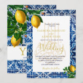 Invitation Citrons Mariages islamiques Bleu Carreaux blancs É (Devant / Derrière)
