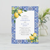 Invitation Citrons méditerranéens Carreaux bleus Mariage (Debout devant)