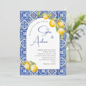 Invitation Citrons méditerranéens Carreaux bleus Mariage (Debout devant)