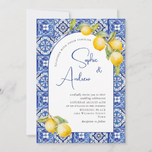 Invitation Citrons méditerranéens Carreaux bleus Mariage