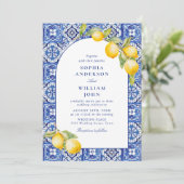 Invitation Citrons méditerranéens Carreaux bleus Mariage (Debout devant)