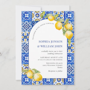 Invitation Citrons méditerranéens Carreaux bleus Mariage Phot