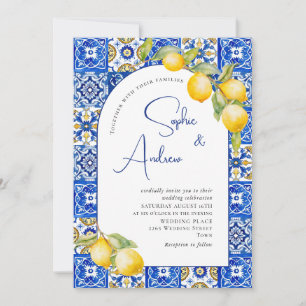 Invitation Citrons méditerranéens Carreaux bleus Mariage Phot