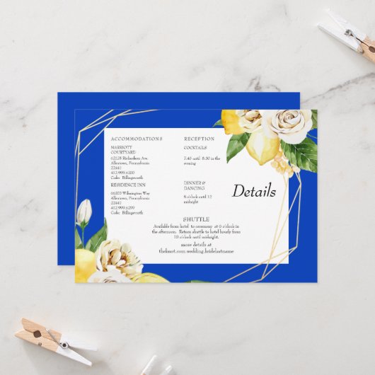 Invitation Citrons méditerranéens Floral Détails Mariage Bleu (Devant/Arrière en situation)