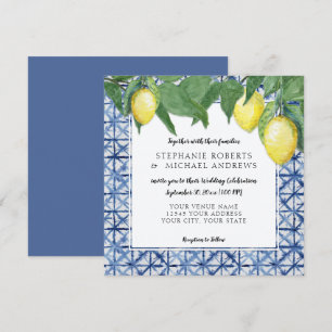 Invitation Citrons motif Shibori X bleu ciel et blanc vintage