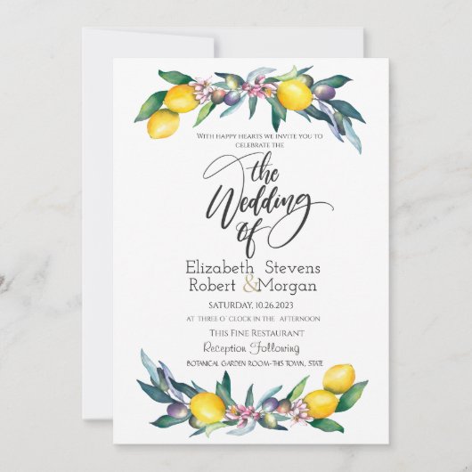 Invitation Citrons Olives Mariage Aquarelle (Devant)
