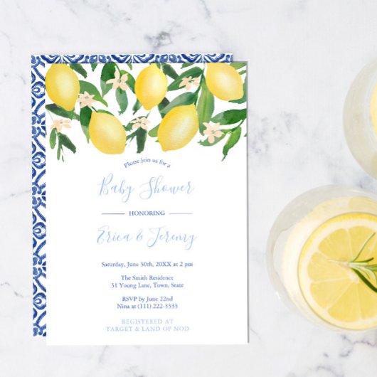 Invitation Citrons Pale et Classique Bleu Co-Ed Baby shower g