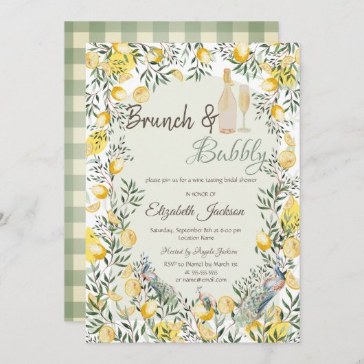 Invitation Citrons Peacock Green Plaid Brunch & Bubbly (Devant / Derrière)