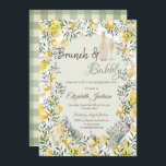 Invitation Citrons Peacock Green Plaid Brunch & Bubbly<br><div class="desc">Elégante bouteille de vin chic,  verre,  citrons et paon.</div>