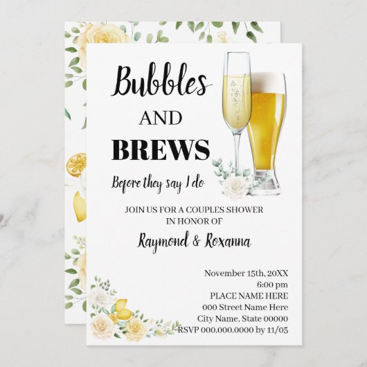 Invitation Citrons & Roses Bubble & Brews Couples Douche (Devant / Derrière)