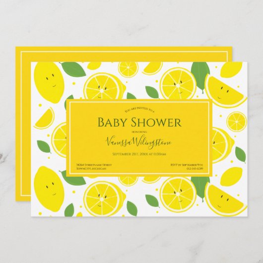 Invitation Citrons souriants Baby shower jaune blanc vert (Devant / Derrière)