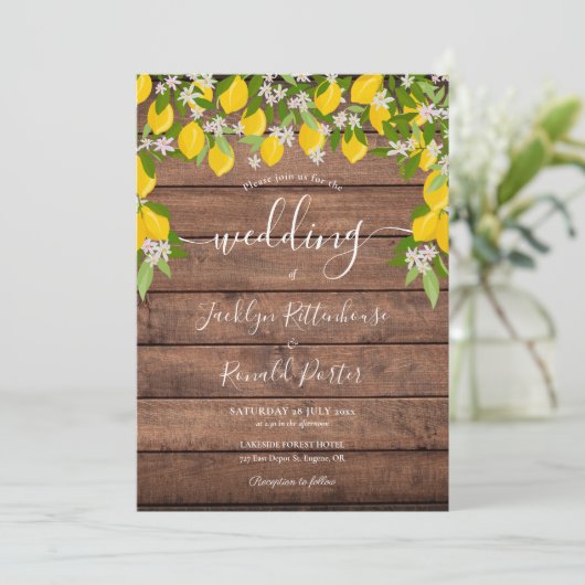 Invitation Citrons Verdure Bois rustique Mariage (Debout devant)