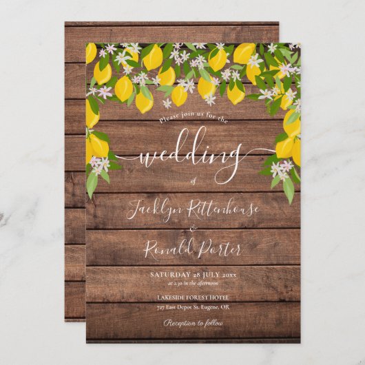 Invitation Citrons Verdure Bois rustique Mariage (Devant / Derrière)