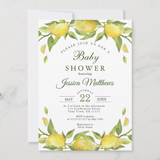 Invitation Citrons Vert Aquarelle Baby shower NEUTRE (Devant)